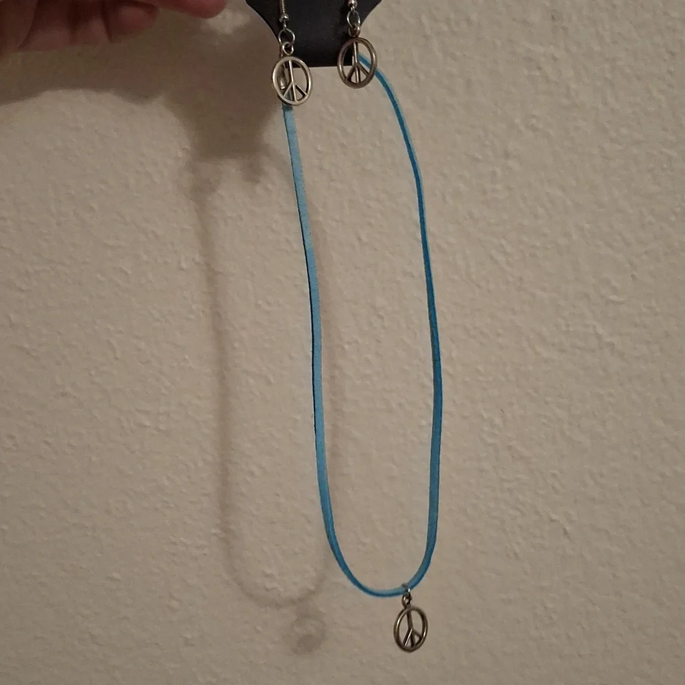 Peace Symbol Blue Necklace and Earring Set